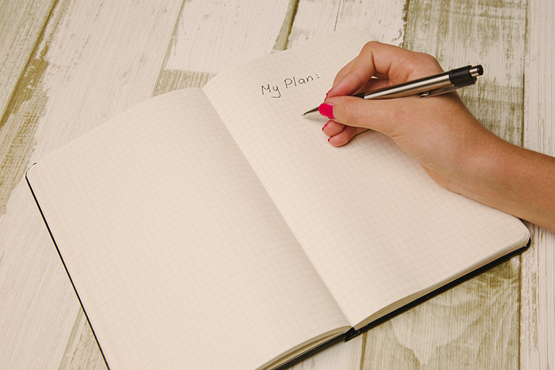 A female hand writing the words My Plan in a small notebook.