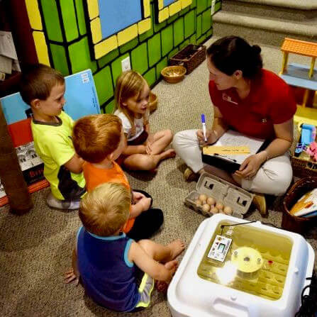 Childcare provider doing an activity with eggs with a group of children.
