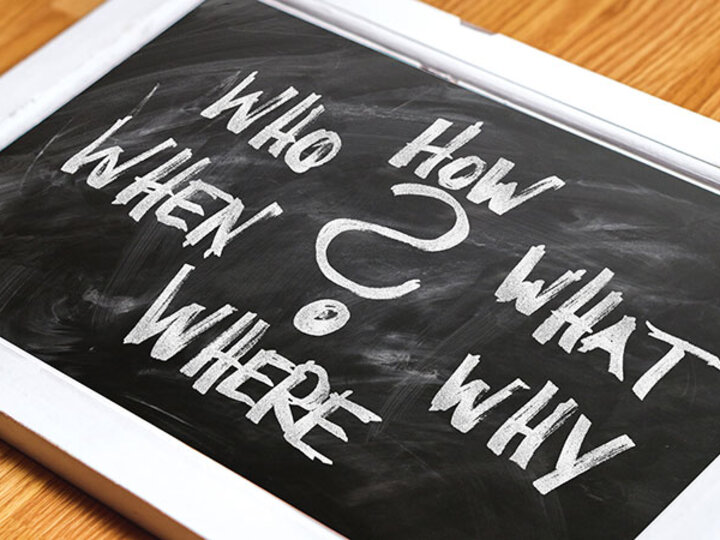 Chalkboard with questions how, who, what, when, why, and where